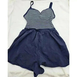 Vtg Le Cove Women's Size 14 Blue & White Striped Romper Short One-piece Swimsuit